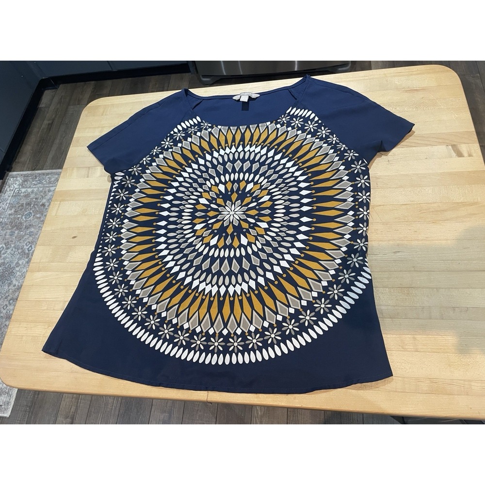 Banana Republic Navy Blue Yellow White Mandala Short Sleeve Top PS Boho Festival